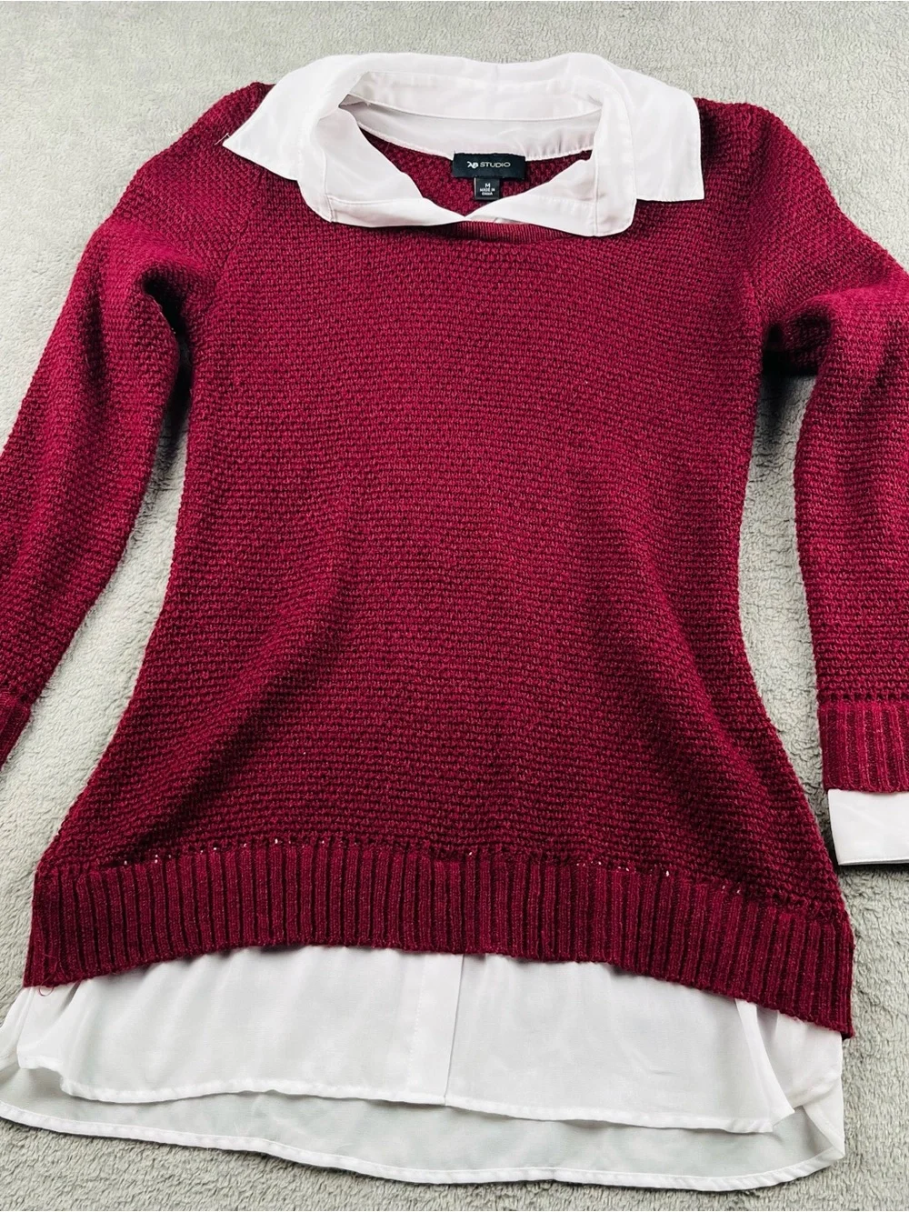 AB Studio Burgundy Crewneck Sweater with White Shirt Hem